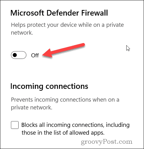 Windows güvenlik duvarı kaydırıcısını devre dışı bırakın