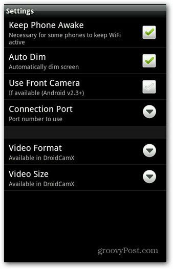 DroidCam Android uygulama ayarları