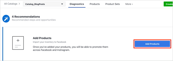 Facebook kataloğunuza ürün eklemek için Ürün Ekle düğmesine tıklayın.