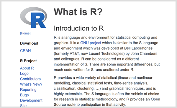 Programlama dili R ile kendi tahmine dayalı analitik araçlarınızı oluşturun. R tanıtım web sayfasının ekran görüntüsü. 