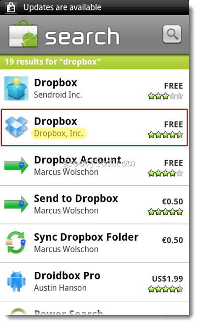 Android Dropbox Arama Menüsü
