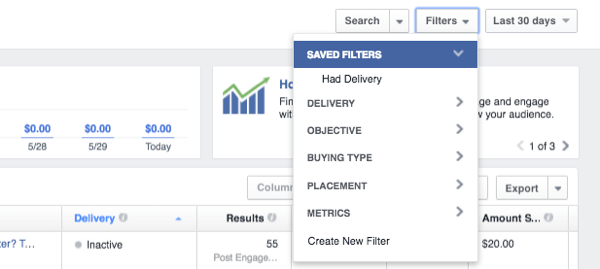 facebook reklam yöneticisi filtre verileri