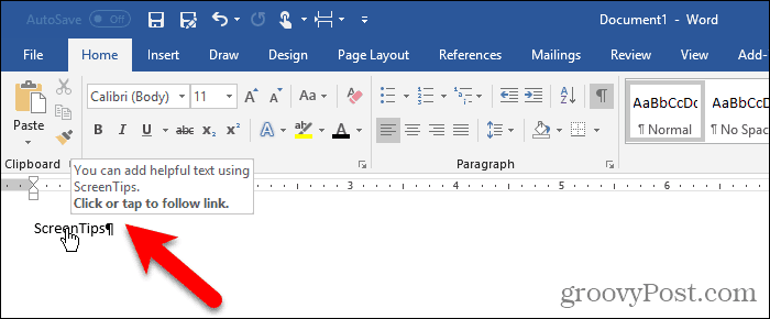 Yer imi gizli ve Ctrl yok + Word'de Ekran İpucu'nu tıklatın