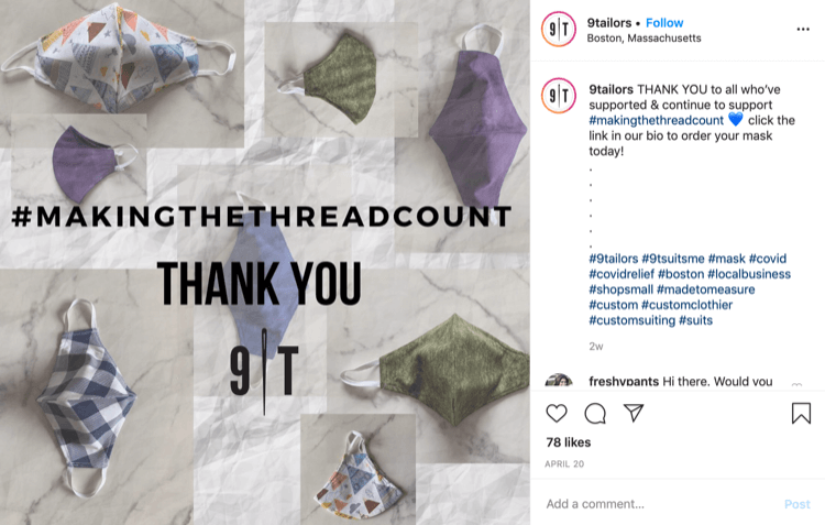 Maskelerin satışıyla ilgili 9Tailor Instagram gönderisi