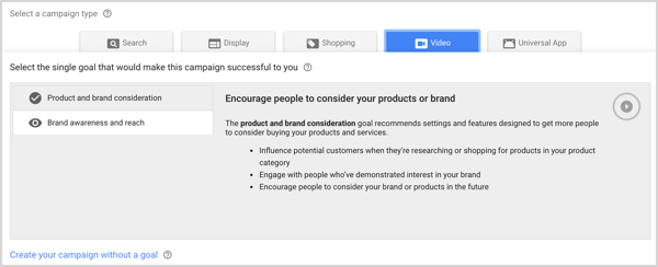 Google AdWords'te Marka Bilinirliği ve Erişim kampanya türü.