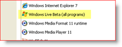 Denetim Masası, Windows XP, Yüklü Uygulamalar, Windows Live Beta (tüm programlar)