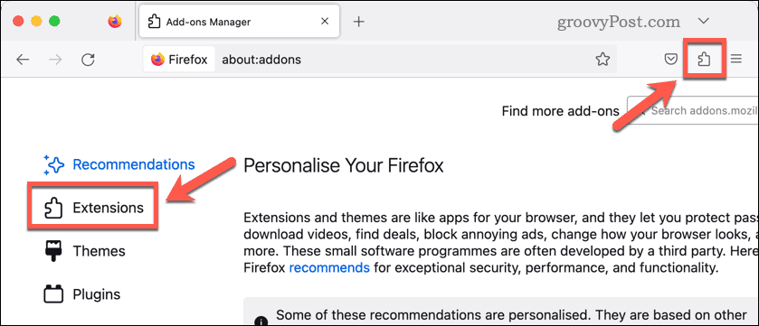 Firefox uzantılarını aç