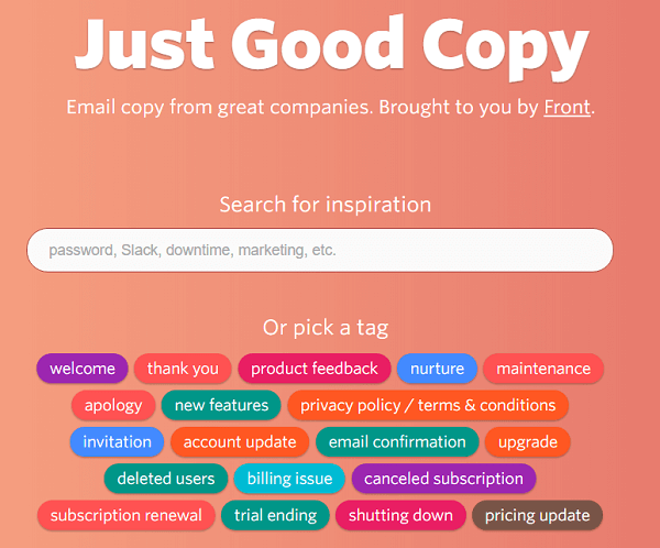 Just Good Copy, başlamanız için size örnek e-postalar verir.
