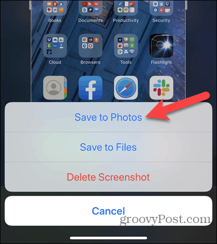 İPhone ekran görüntüsünü düzenlerken Fotoğraflara Kaydet'e dokunun