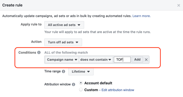 Facebook otomatik kurallarını kullanın, ROAS minimumun altına düştüğünde reklam setini durdurun, 2. adım, koşulları ayarlayın