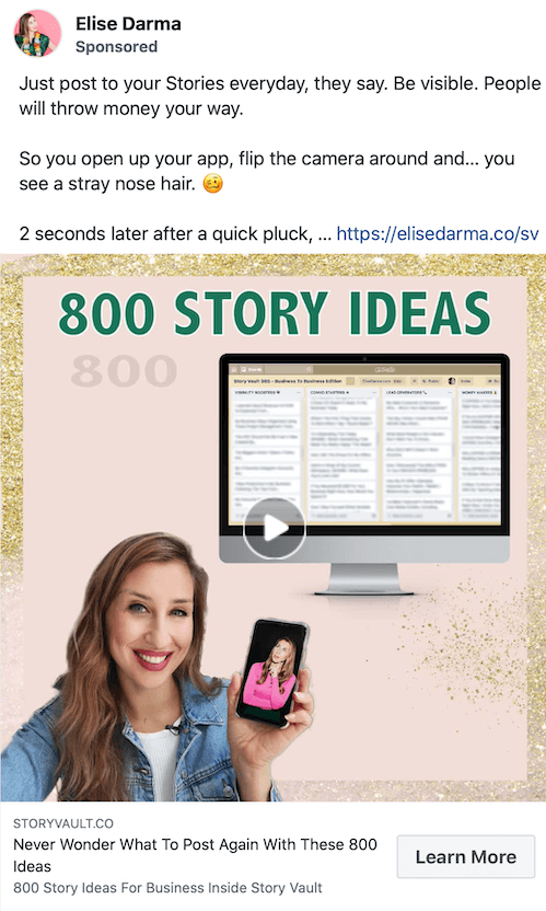 elise darma tarafından hikayeler için 800 fikir tanıtan sponsorlu bir gönderinin ekran görüntüsü örneği