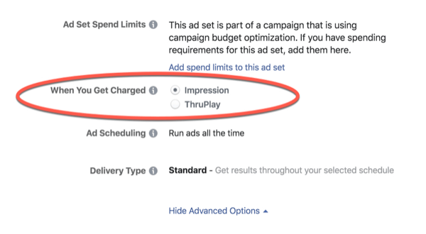 Facebook ThruPlay Optimizasyon ücretleri.