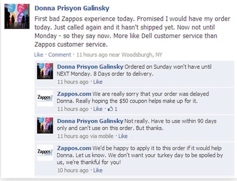 facebook'ta zappos müşteri yanıtı