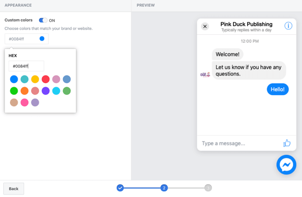 Facebook ile Google Etiket Yöneticisi'ni kullanın, adım 11, Facebook sohbet eklentiniz için özel renkler ayarlama seçenekleri