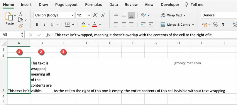 Excel'deki çeşitli metin kaydırma biçimlerine bir örnek