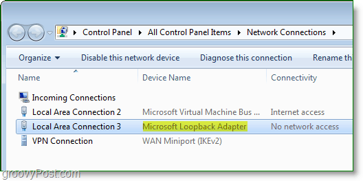 Windows 7 Ağ Ekran Görüntüsü - ağ bağlantıları penceresinde görünen Microsoft Geri Döngü bağdaştırıcısı