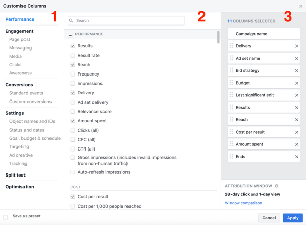 Facebook Ads Manager raporlama oluşturma penceresi örneği.