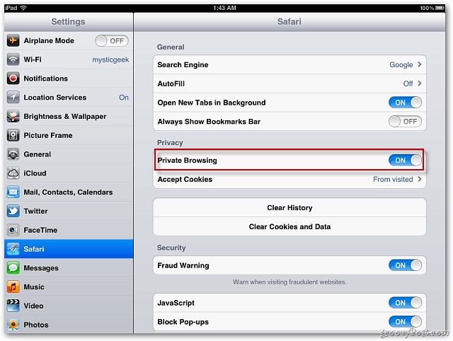 Apple iOS 5: Safari Özel Taramayı Etkinleştir