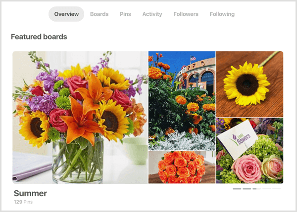 Pinterest profili için Öne çıkan panolar bölümü örneği