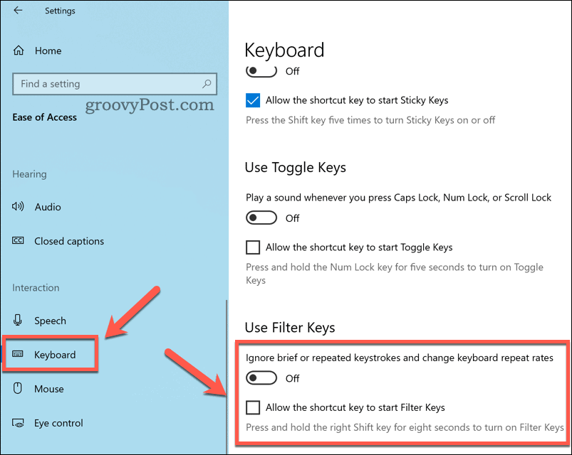 Windows 10'da filtre anahtarı ayarlarını yapılandırma
