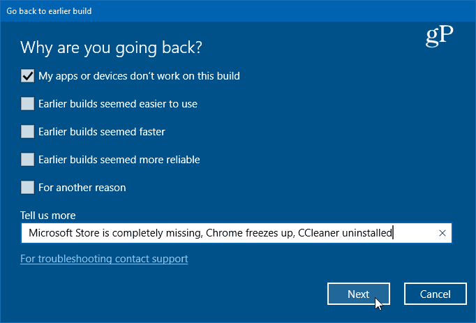 Windows 10'un önceki sürümüne dön