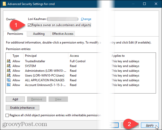 Windows Kayıt Defteri'ndeki Gelişmiş Güvenlik Ayarları iletişim kutusunda Uygula'yı tıklatın