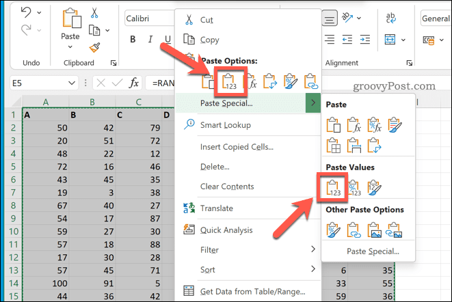 Excel'de değerler olarak yapıştırma