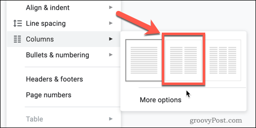 Google Dokümanlar'daki İki Sütun seçeneği