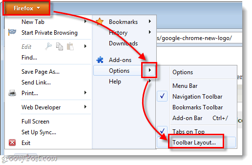 firefox menü seçenekleri> araç çubuğu düzeni