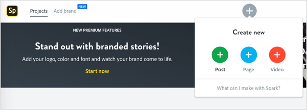 Adobe Spark'ta yeni bir gönderi oluşturmak için + simgesine dokunun.