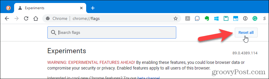 Chrome'un gelişmiş ayarlar sayfasında Tümünü Sıfırla'yı tıklayın