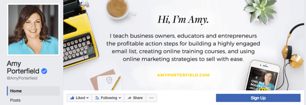 Amy Porterfield, profesyonel bir profil fotoğrafı ve işletmesinin sunduğu ürün ve hizmetleri vurgulayan bir kapak sayfası içeren bir işletme sayfasına sahiptir.