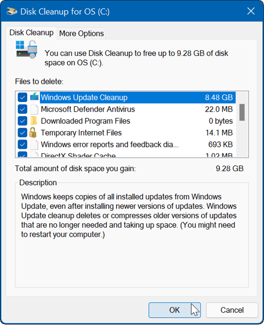 sonuç, Windows Update Temizleme dahil olmak üzere birkaç geçici dosya olacaktır.
