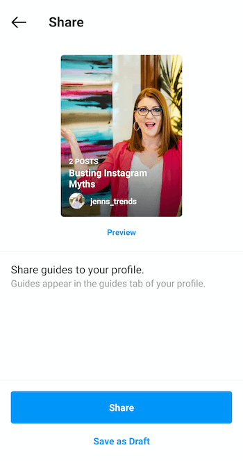 örnek şimdi oluştur instagram rehberi kapak resminin altında mavi önizleme ile paylaş ekranı, alt düğme seçenekleri ile paylaş ve taslak olarak kaydet