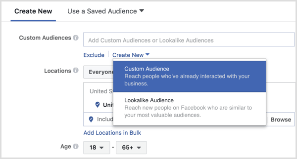 Facebook Reklam Yöneticisi, reklam kurulumu sırasında özel kitle oluşturur