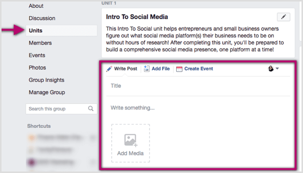 Facebook grup biriminize tıklayın ve bir gönderi yazın, bir dosya ekleyin veya bir etkinlik oluşturun.