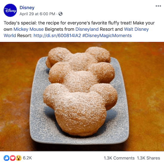 Mickey Mouse beignet tarifi için bağlantı içeren Disney Facebook gönderisi