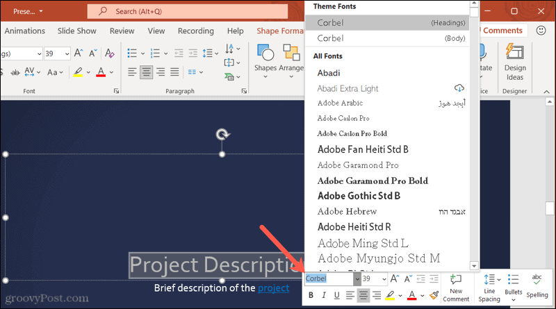 Windows'ta PowerPoint'te araç çubuğundaki yazı tipleri