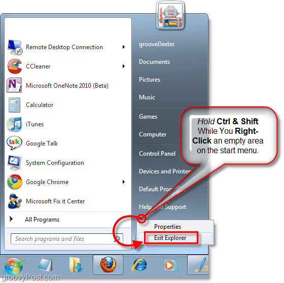 tuşlarını basılı tutun ve Windows 7'de explorer'dan çıkmak için başlat menüsüne sağ tıklayın