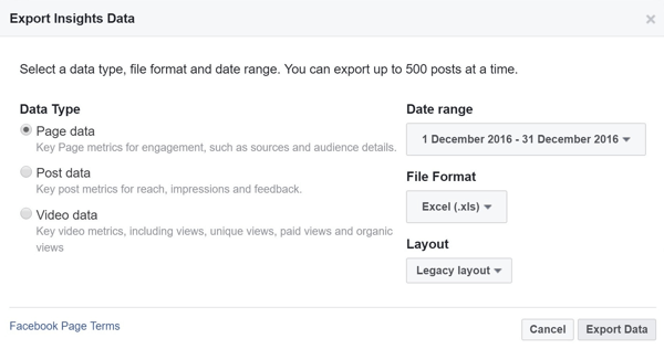 Facebook Insights verileriniz için veri türünü, aralığını, dosya biçimini ve düzenini seçin.