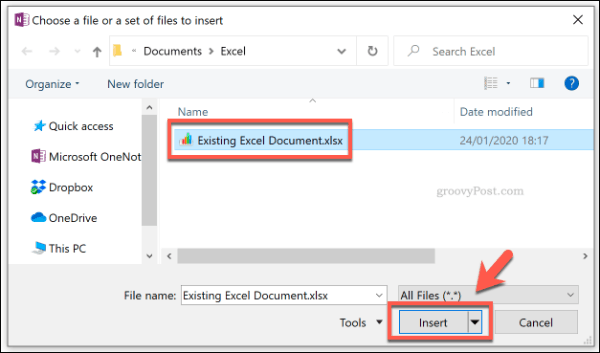 OneNote'ta Excel dosyasını dosya eki olarak ekleme
