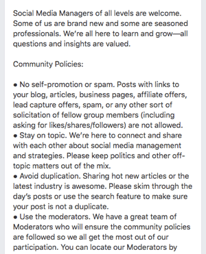 İşte Facebook grup kurallarına bir örnek.