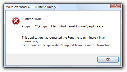 Internet Explorer 8 (IE8) Microsoft Visual C ++ Çalışma Zamanı Kitaplığı: Çalışma Zamanı Hatası!