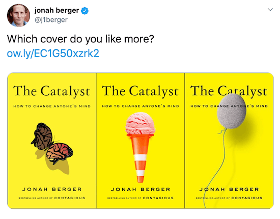 Jonah Berger, üç olası kitap kapağının resimlerini içeren tweet