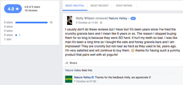 Bir Nature Valley müşterisi, şirketin Facebook sayfasında bir müşteri yorumu bırakıyor.