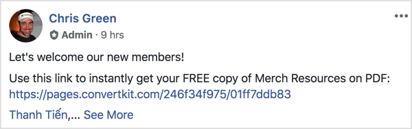 Bu Facebook grubu gönderisi, yeni üyeleri karşılar ve onlara ücretsiz bir PDF indirmelerini hatırlatır.