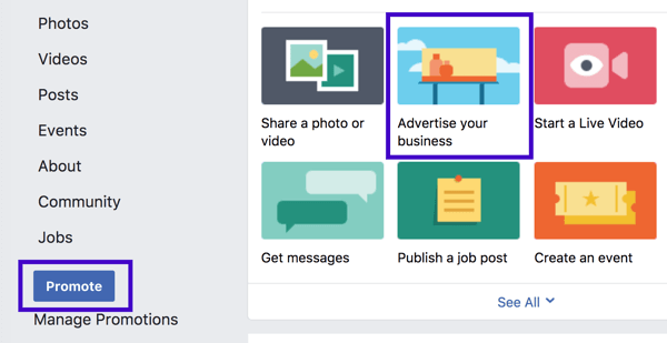 Sol kenar çubuğundan veya sayfa gönderi seçeneklerinden bir Facebook yerel işletme promosyonu oluşturabilirsiniz.