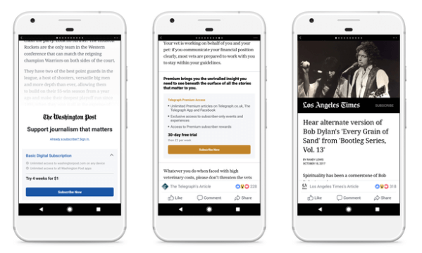 Facebook, ABD ve Avrupa'daki küçük bir yayıncı grubuyla Instant Articles için ödeme duvarı ve abonelik modellerini test ediyor.