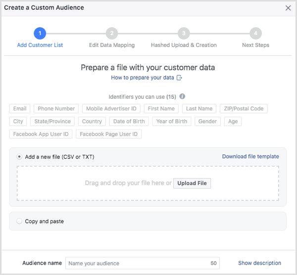 Facebook'a yüklemek istediğiniz müşteri dosyasını seçin.
