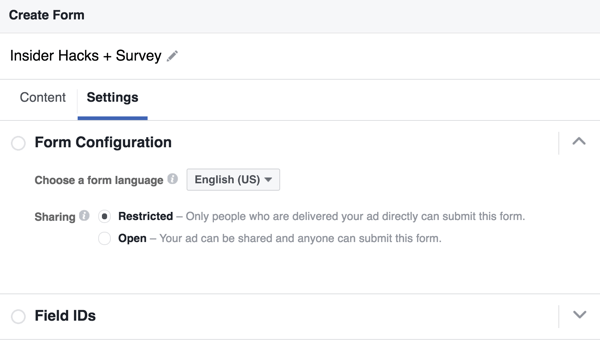 Facebook potansiyel müşteri formunuz için bir dil seçebilirsiniz.